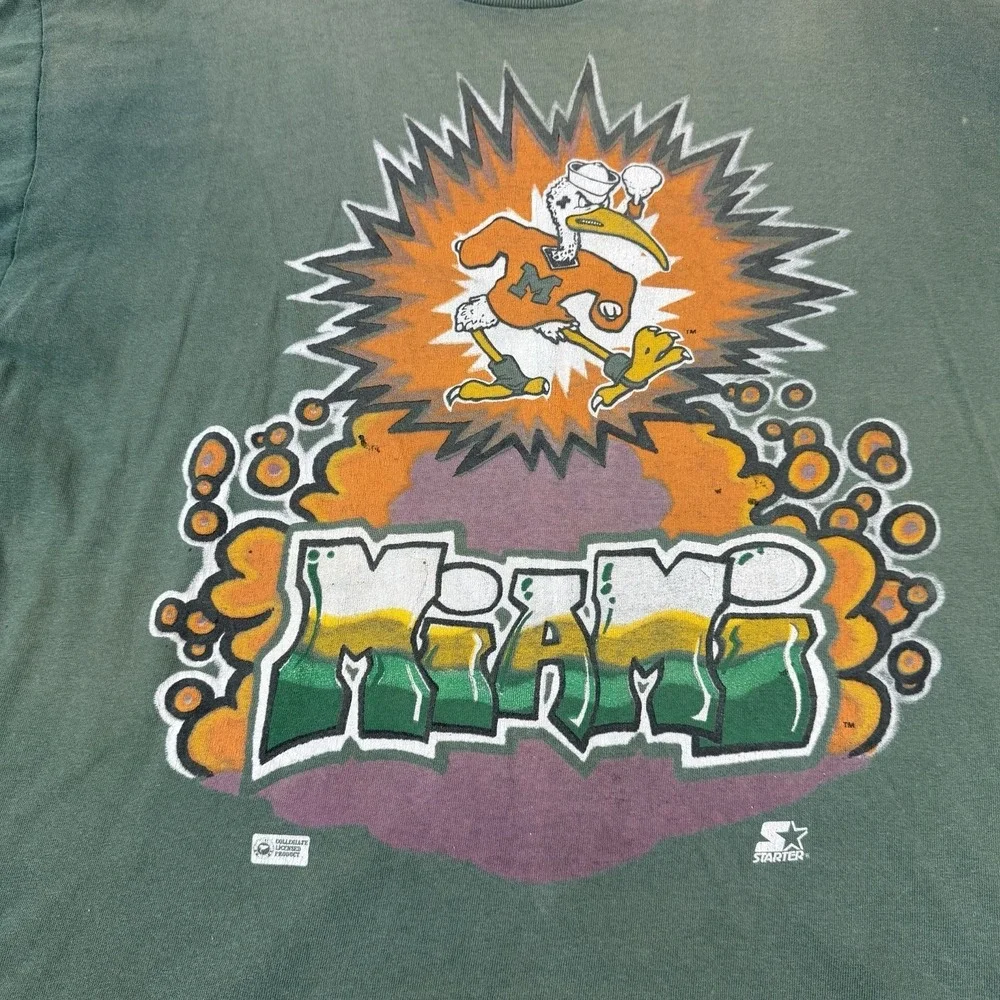 Vintage Starter Miami Hurricanes Single Stitch Faded T-shirt Size XL Graffiti‎